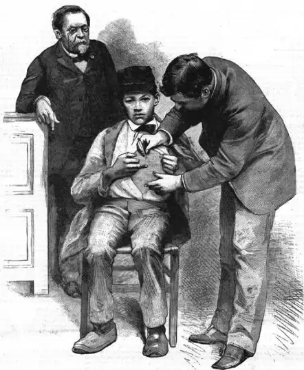 Louis Pasteur giving vaccination to a young boy(Joseph Meister)